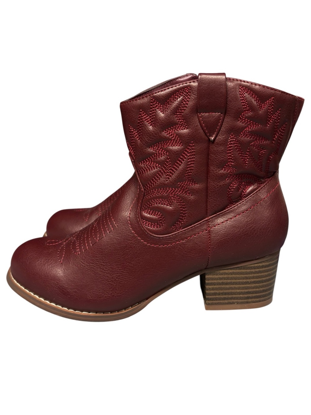 Torrid | Burgundy Red Faux Leather Embroidered Cowboy Ankle Boots - Wide Width - Picture 5 of 9
